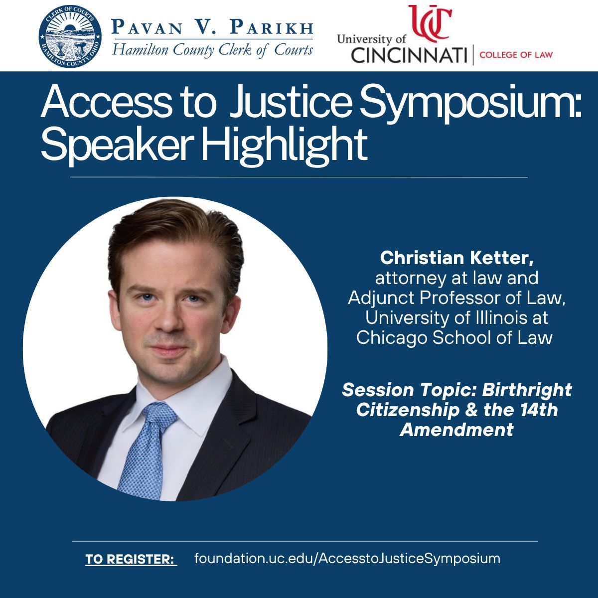 HamCoClerk's tweet photo. ✨Symposium Spotlight✨ Thanks to a partnership with @UCincinnatiLaw Law Review students, hear from @uiclaw professor Christian Ketter on the constitutional and legal concerns around Birthright Citizenship &amp; the 14th Amendment. @HeldenKETTER https://t.co/oJ1wXxgUez