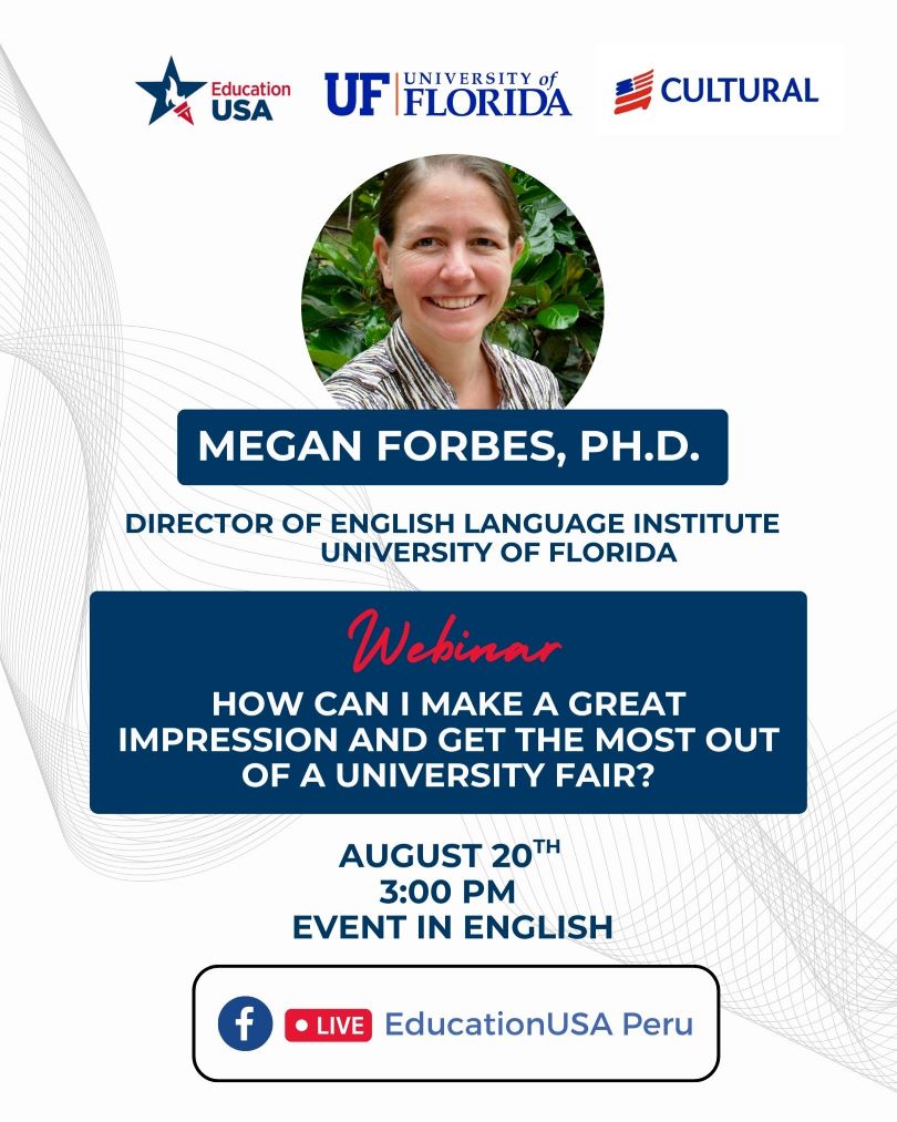 🚨Today at 4:00pm EST @educationusaperu FB Live
Estás invitad a este webinar para informarte y prepararte cómo aprovechar al máximo tu experiencia en la feria con Dr. Megan Forbes #UFLELI🐊🧡💙.
#StudyEnglishFirst #StudyFlorida #StudyEnglishinFlorida <a href="/UF/">FLORIDA</a>