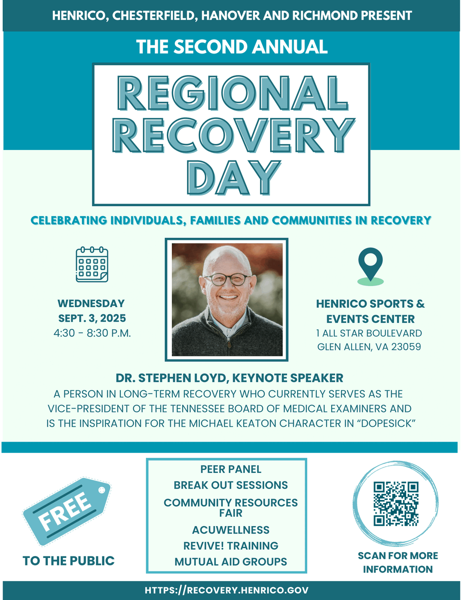 Join Chesterfield, Hanover, Henrico and Richmond as we celebrate individuals, families and communities in recovery at the second annual Regional Recovery Day on Wednesday, September 3.

More information ➡ recovery.henrico.gov/events/.

#HanoverVA