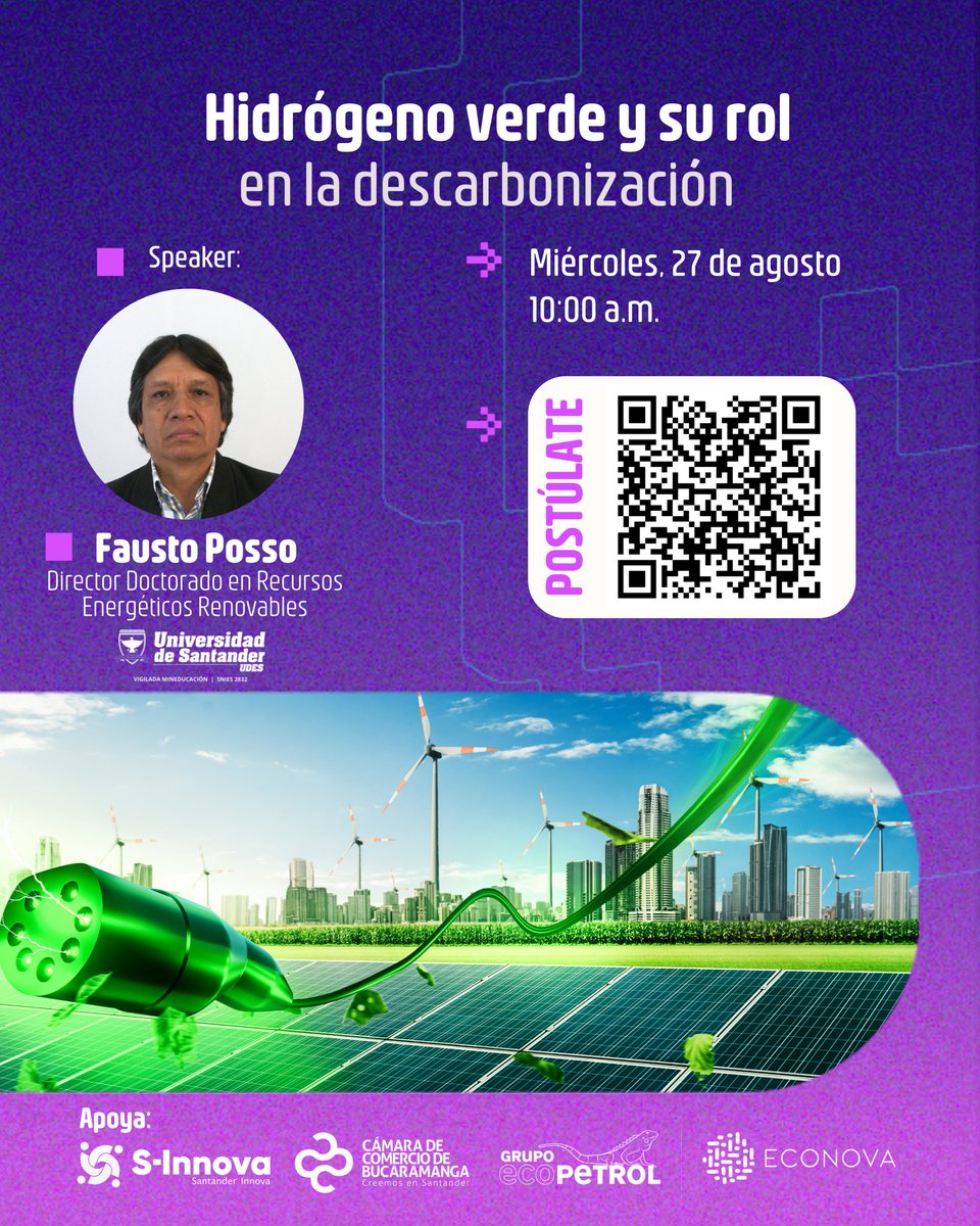 🌱 El hidrógeno verde es clave en la descarbonización y la transición energética.

Conéctate con Fausto Posso este miércoles 27 de agosto a las 10:00 a.m. y conoce su potencial transformador. 💡🔋

📲 Escanea el QR o inscríbete aquí 👉 lnkd.in/eYnWXezz