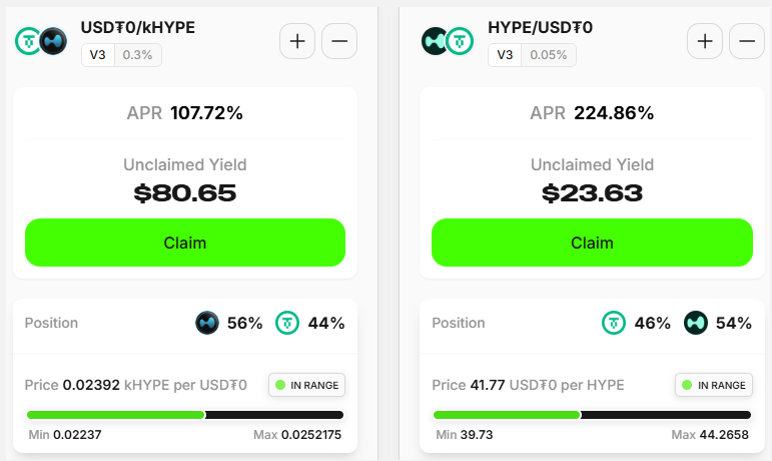早期截图，显示 Hyperliquid 上 kHYPE 和 HYPE 流动性池的高 APR 和未领取收益