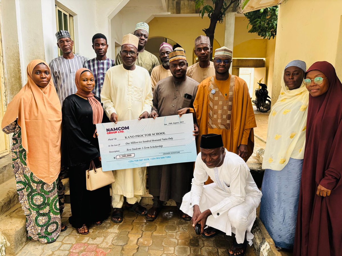 NamcomGroup's tweet photo. Today, 20th August 2025, in our unwavering commitment and dedication to serving and contributing positively to the Motherland and Africa. The management at NAMCOM Group LTD presented a cheque worth 1,200,000NGN  to the Management of the Kano Proctor School .... https://t.co/tXrHGQVGHJ