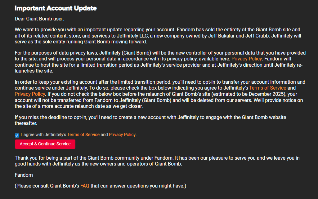 GB Duders Feed (@gbdudersfeed) on Twitter photo MAJOR NEWS FOR <a href="/giantbomb/">World’s Famous Giant Bomb</a> USERS! Please log in and click this button to make sure your account continues on with the new site. Otherwise, it will need to be re-created.
Spread the word to anyone you know that is a former Giant Bomb user and might not have logged in recently. MAJOR NEWS FOR <a href="/giantbomb/">World’s Famous Giant Bomb</a> USERS! Please log in and click this button to make sure your account continues on with the new site. Otherwise, it will need to be re-created.
Spread the word to anyone you know that is a former Giant Bomb user and might not have logged in recently.