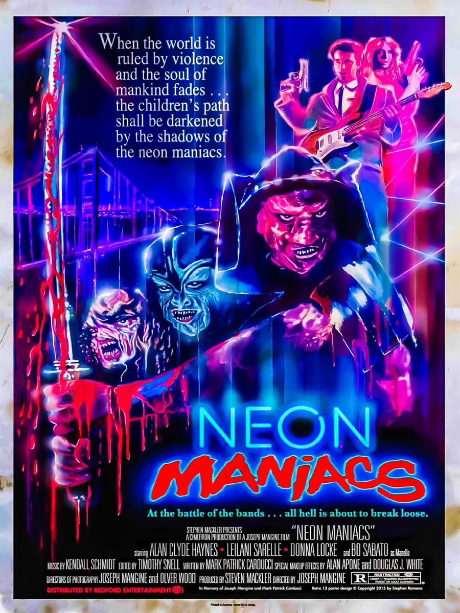 #Horror365Challenge 239/365

“Neon Maniacs”(1986)
Dir-Joeseph Mangine

Wonderfully weird, low budget, 1980s goodness.
Big hair,head-scratching fashion,terrible pop music,30 year old “teenagers” and GORE! It’s a movie!