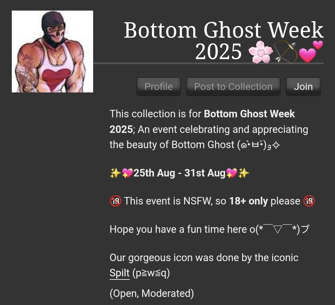 hello!!! very excited to announce that #BottomGhostWeek starts in 5 days!! to celebrate, the ao3 collection is officially here!

archiveofourown.org/collections/Bo…

the collection is open for ALL creations and will remain open until 31st October 💗