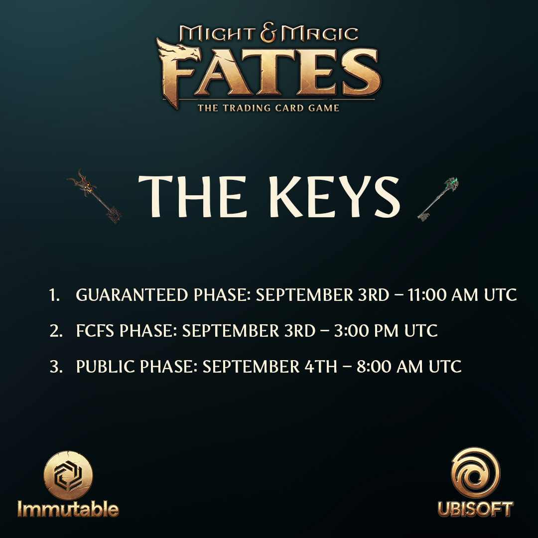 Key Founder Bundle Presale - Memo
🔒 GTD Private Sale: September 3
⚔️ FCFS Private Sale: September 3
🌐 Public Sale: September 4

Price &amp; Supply:
🔑 Key Founder Bundle - $79.99 | XXX supply | tradable

👉 Learn more: MightAndMagicFates.com

Follow, Like, Comment &amp; RT for a