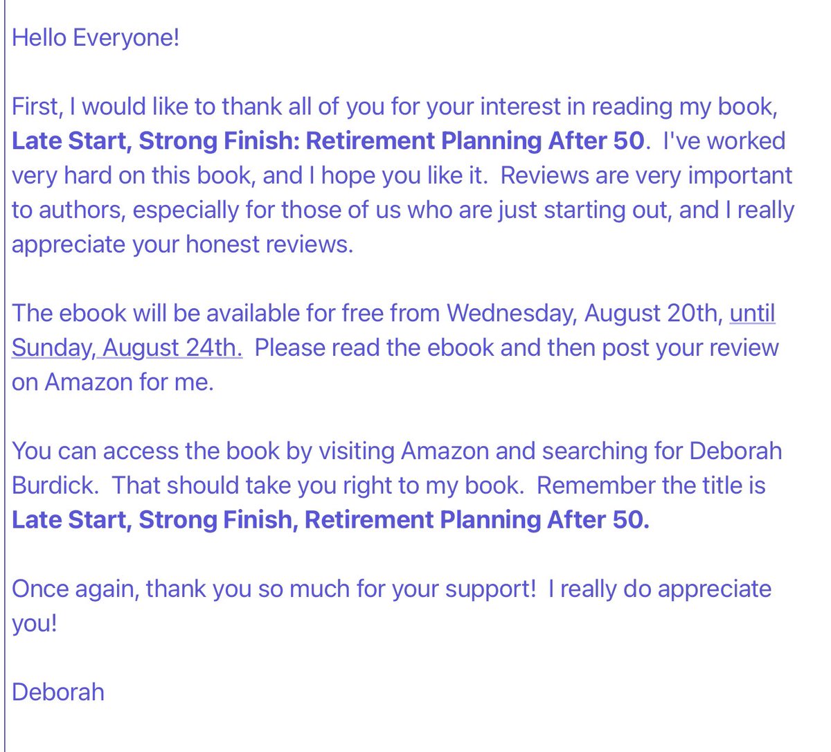 Hi All, I have a friend starting her 2nd career as a Writer.  Her 1st book can be downloaded for FREE starting today 8/20 through 8/24.  I would appreciate it if you would download it, read it &amp; leave a review for her so she can build up her reader base.  

Check out  below 👇🏻