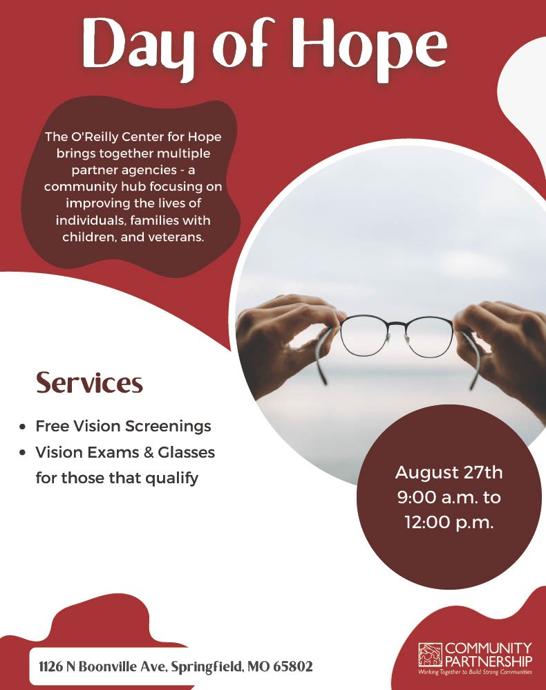 📣 Join us for Day of Hope – a FREE community event supporting those facing poverty or homelessness!

🗓️ Wed, Aug 27 | ⏰ 9AM–12PM
📍 Greene Co. Election Center (Springfield)
👁️ Free vision screenings, exams &amp; glasses for those who qualify!
Info: oaeh@cpozarks.org

#CPOzarks