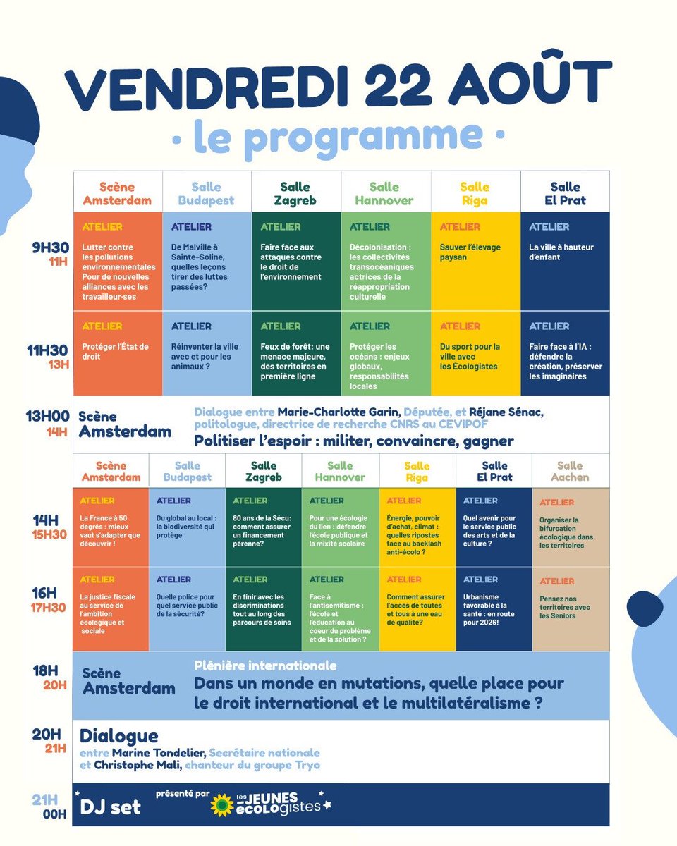 Journées d’été des Écologistes ✨jour 2✨

Prenez vos places ! 👉 journees-ecologistes.fr

🌻🥨 Les Journées d’été des Écologistes, sont ouvertes à toutes et tous !

🗓️Les 21, 22 et 23 août 2025
📍 Le Patio, Université de Strasbourg