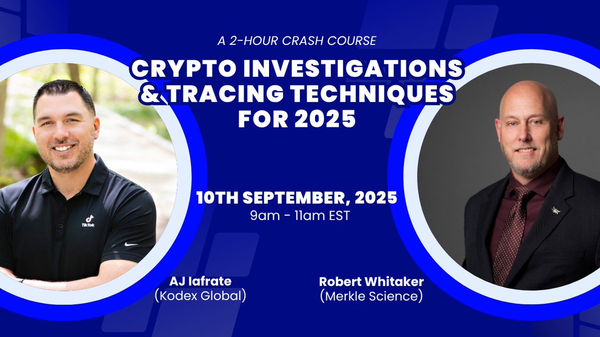 Merkle Science (@merklescience) on Twitter photo Crypto crime is getting smarter.
So should investigations.
Join Merkle Science + <a href="/KodexInc/">Kodex</a> for:
Crypto Investigations & Tracing Techniques (2025)
π
Sept 9 | 9AM EST
ποΈ Robert Whitaker & AJ Iafrate
π» Hands-on training + case studies
Register π info.merklescience.com/crypto-investiβ¦ Crypto crime is getting smarter.
So should investigations.
Join Merkle Science + <a href="/KodexInc/">Kodex</a> for:
Crypto Investigations & Tracing Techniques (2025)
π
Sept 9 | 9AM EST
ποΈ Robert Whitaker & AJ Iafrate
π» Hands-on training + case studies
Register π info.merklescience.com/crypto-investiβ¦