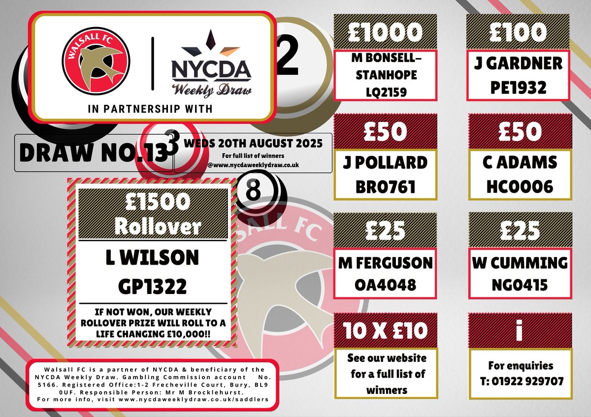 NOW IN -  WEEK 13 INFO BELOW! 
For £1 per week, you could win cash prizes with  proceeds supporting <a href="/WFCOfficial/">Walsall FC</a> youth player  development &amp; match day experience improvements                                

Check out here for more info: nycdaweeklydraw.co.uk/saddlers/join.…