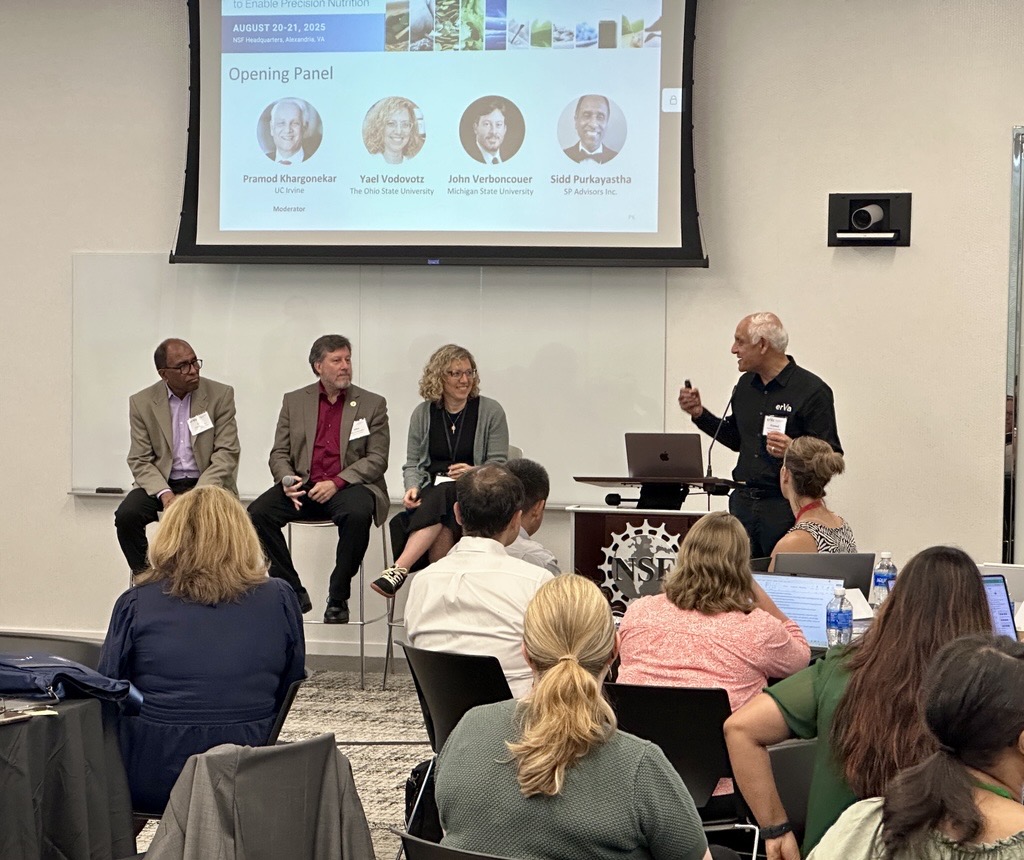 Precision Nutrition Co-chairs Sidd Purkayastha, SP Advisors Inc., John Verboncoeur, <a href="/michiganstateu/">MSU</a>, Yael Vodovotz, <a href="/OhioState/">Ohio State</a> join ERVA Co-PI Pramod Khargonekar, <a href="/UCIrvine/">UC Irvine</a>, during the opening panel of the Precision Nutrition ERVA visioning event