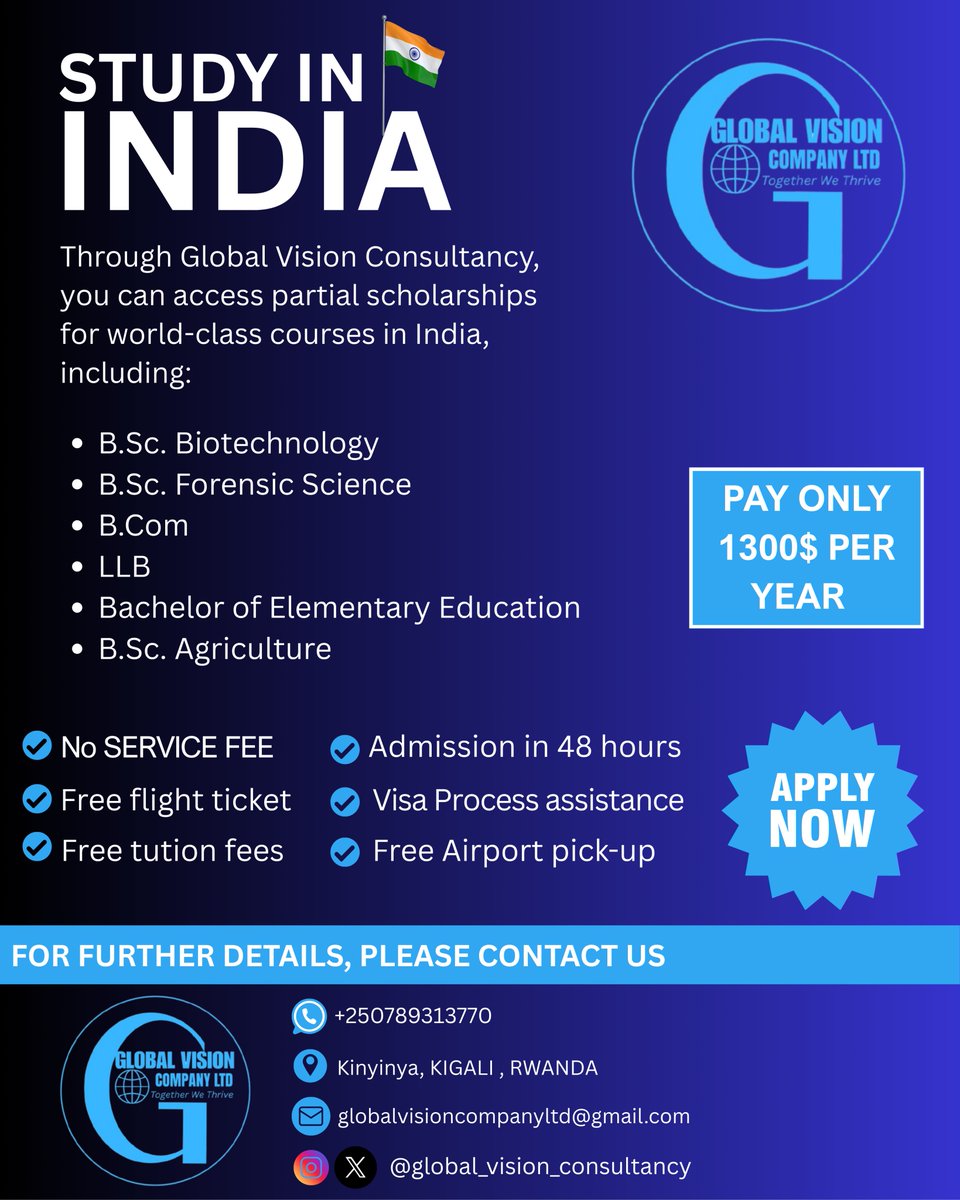 Kwiga mu Buhinde wishyura gusa $1300 ku mwaka! Bihutire gusaba ubu! 🇮🇳✨

GLOBAL VISION CONSULTANCY – Inzira yawe yo kwiga mu Buhinde 🇮🇳