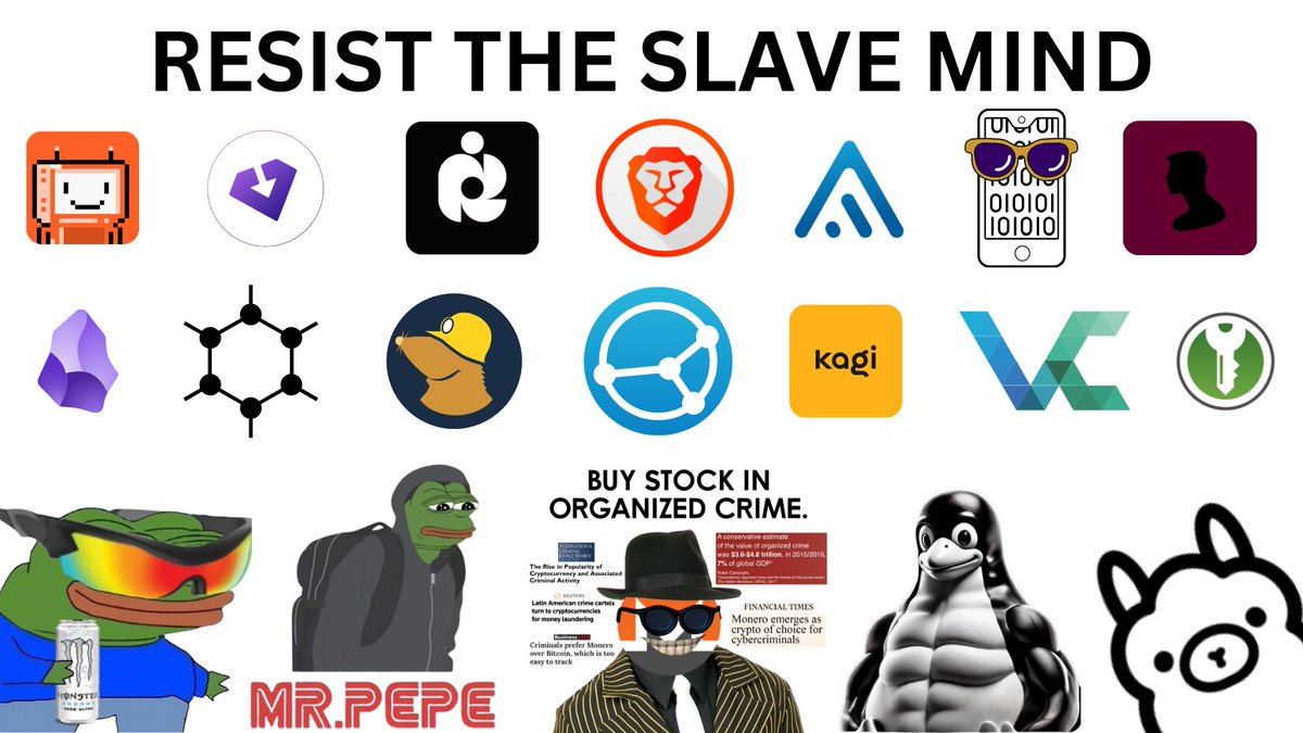RESIST THE SLAVE MIND.

Use FOSS Privacy Apps.
Use GNU/Linux &amp; GrapheneOS.
Use Monero.
3D print guns.