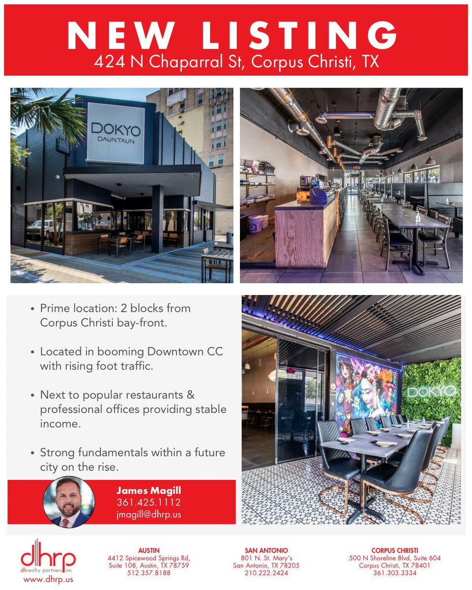 dhrp_inc's tweet photo. 📍 Mixed-Use | CC – Prime DT location just 2 blocks from North Shoreline Blvd. Income-producing asset w/ established restaurant &amp; office tenants. Positioned in CC’s fastest-growing district w/ strong upside potential.
Contact 361.303.3334 or visit https://t.co/xcXujs9wSe https://t.co/vg2v7G3jG5