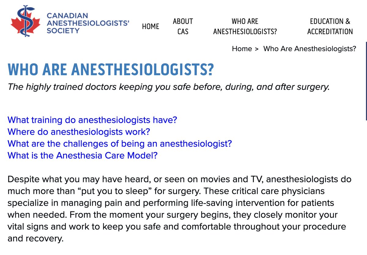Ontario's Anesthesiologists (@on_anesthesia) on Twitter photo Congrats to <a href="/CASUpdate/">Canadian Anesthesiologists' Society</a> for the launch of its new patient education section! 🙌
While anesthesia care will impact every 🇨🇦, our specialty is still a bit of a mystery, so we applaud this new resource that we hope will shed some 💡 on our work.
Explore it: cas.ca/en/who-are-ane… Congrats to <a href="/CASUpdate/">Canadian Anesthesiologists' Society</a> for the launch of its new patient education section! 🙌
While anesthesia care will impact every 🇨🇦, our specialty is still a bit of a mystery, so we applaud this new resource that we hope will shed some 💡 on our work.
Explore it: cas.ca/en/who-are-ane…