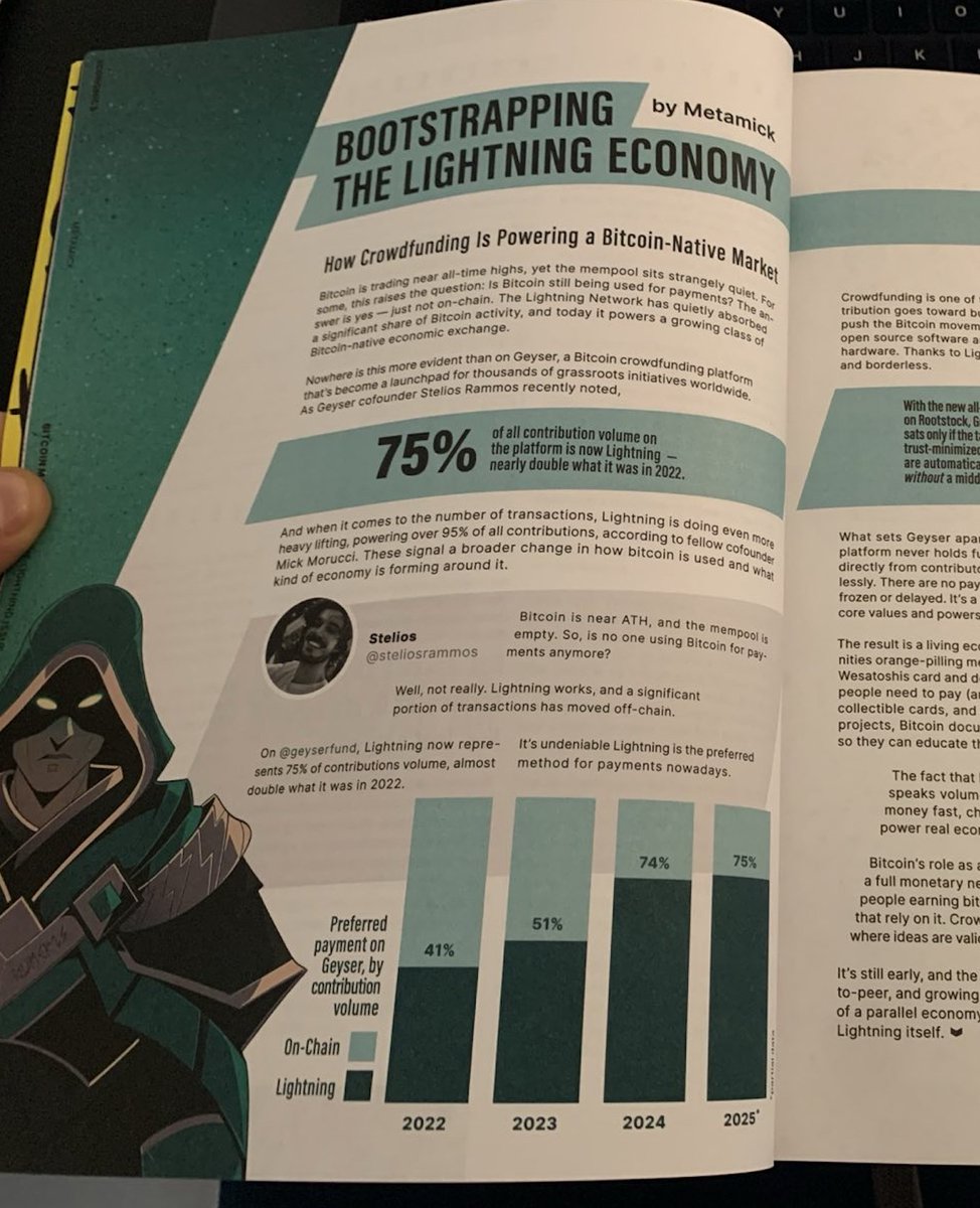 🚀 Honored to be featured in The Lightning Issue by <a href="/BitcoinMagazine/">Bitcoin Magazine</a>.

When we started building Geyser 4 years ago, we knew Lightning had to be at the core. Today:

⚡ Lightning is becoming the default rail for moving money, as <a href="/metamick14/">Metamick / Geyser ⚡</a> writes.

⚡ 75% of all contributions on