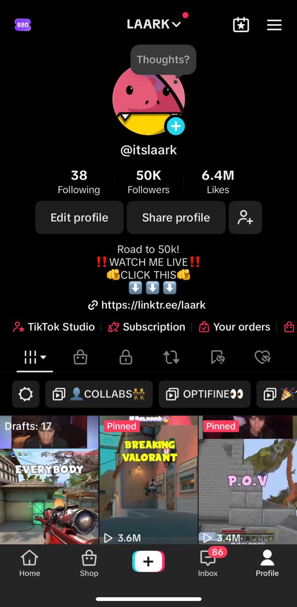 Hit 50k on tiktok!!! Thank you so much to everyone that sees this and that’s following me🙏Celebrating this with a 500 minute stream tmr🤑100k soon🔥 twitch.tv/itsLAARK