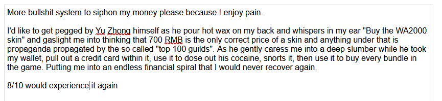 People had ask me my opinion on the 416 skin gacha controversy, here is my official response, I legit submitted this on their survey