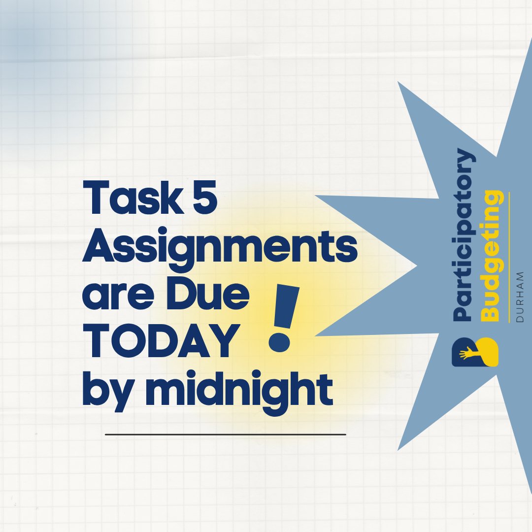 Budget Delegates! Make sure you enter in your Task 5 Assignments into ClearPoint by midnight TONIGHT! Thank you for all you do! #ParticipatoryBudgeting #CityofDurham #BudgetDelegates 

Website: pbdurham.org