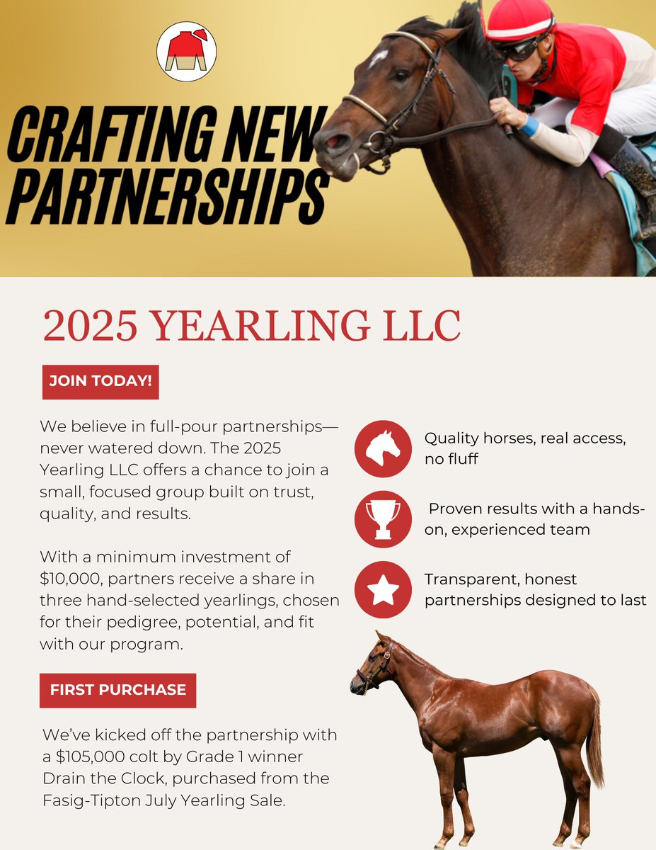 Full pour. Never watered down.

The 2025 Bourbon Lane Yearling LLC is OPEN! $10k min investment ➡️ 3 hand-selected yearlings. First purchase: $105k DRAIN THE CLOCK colt from Fasig July.

Join us today and become part of a partnership built on transparency, trust and performance.