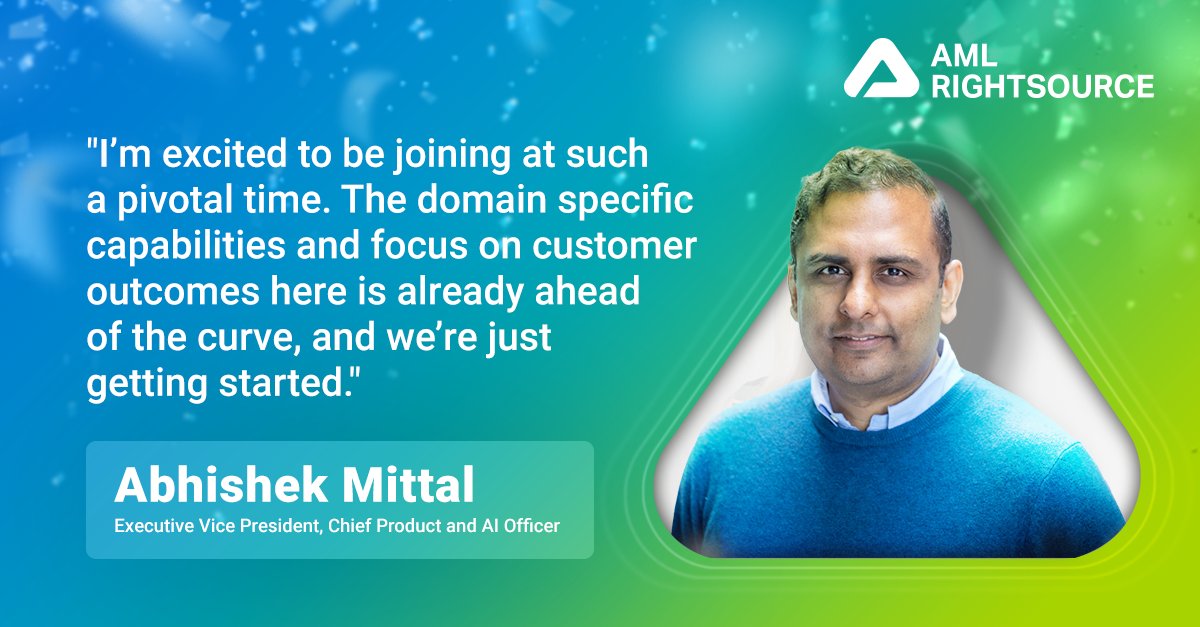 We’re excited to welcome Abhishek Mittal as our new EVP, Chief Product &amp; AI Officer at AML RightSource!

With expertise in product, ops &amp; AI, he’ll help drive smarter solutions in the fight against financial crime. Read more: hubs.li/Q03Dyl-w0

#AMLRightSource #Leadership