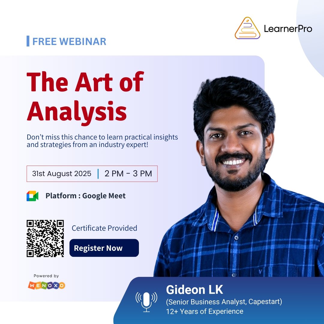 learnerPro2023's tweet image. Level up your skills with The Art of Analysis!
📅 31st Aug | 2–3 PM | Google Meet
🎤 Gideon LK | 12+ yrs Experience
✅ Free Webinar + Certificate!
👉 Don’t miss out – Register Now!
freewebinar #theartofanalysis #businessanalysis #webinar2025 #onlinelearning #skillup #datadriven