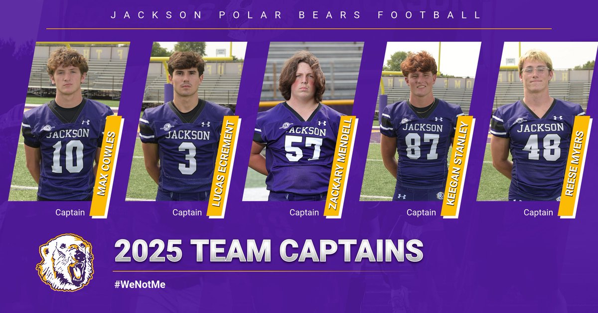Introducing our 2025 TEAM CAPTAINS: MAX COWLES, LUCAS ECREMENT, ZACKARY MENDELL, KEEGAN STANLEY, and REESE MYERS. These leaders exemplify #WeNotMe. Let's go Jackson Football! #WeNotMe #GoBears