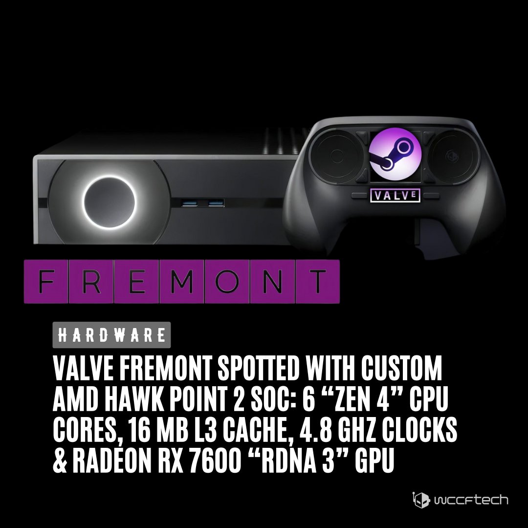 wccftech's tweet image. Valve appears to be preparing a brand-new gaming console, called Fremont, which features a custom AMD SoC with 6 cores & a Radeon 7000 GPU 🔗 wccf.tech/1h983