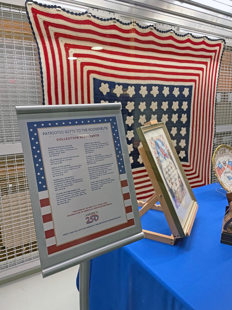 FDRLibrary's tweet image. During your next visit to the @FDRLibrary, don’t miss this temporary display in our Behind the Scenes area of patriotic gifts from the artifact collection. This display is part of a year long celebration of America’s Semiquincentennial: fdr.artifacts.archives.gov/favorites/1004…
#America250