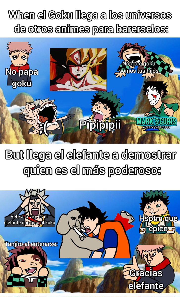 Buenos días a todos mi gente hermosa, aquí un curi crossover, si se preguntan quien es el elefante, pues es el elefante que le piso o aplastó la mano a Goku, sino me equivoco le han hecho muchos memes a ese elefante, y para mi ese elefante es nivel multi-universal XD