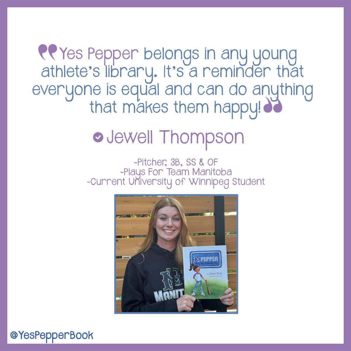 Jewell believes that girls belong in baseball. Empowering women &amp; girls in sports has always been a priority of hers. She found Abby’s journey in Yes Pepper to be relatable and inspiring! “This is a must-read for any young girl who dreams of playing sports.” 👧 ⚾️ #YesPepperBook