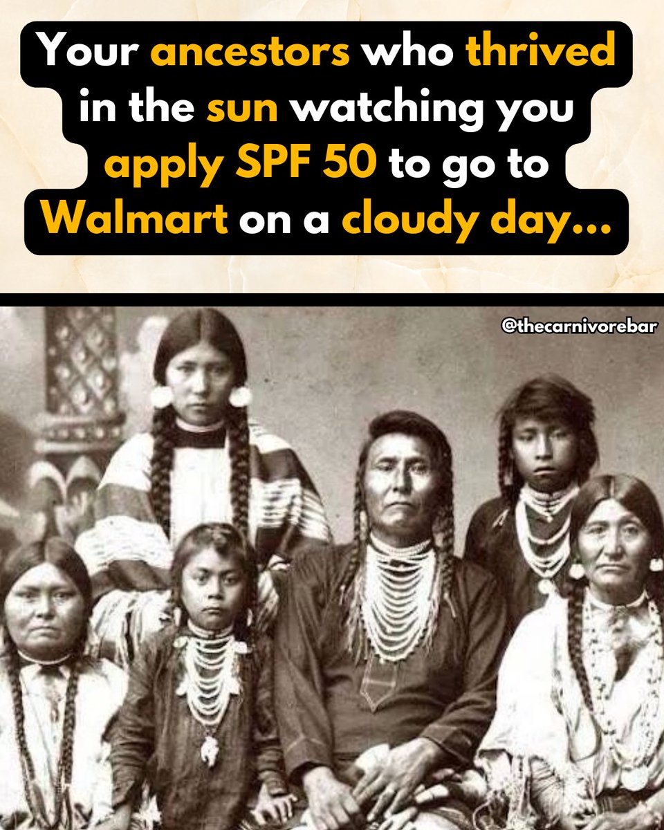 thecarnivorebar's tweet photo. Your ancestors soaked up the sun daily without flinching.
You’re lathering SPF 50 for a 12-minute Walmart run on a cloudy Tuesday. ☁️🧴
We didn’t get here through fear of sunlight.
#Sunheals #DitchTheChemicals #AncestralHealth #Carnivore #meatheals https://t.co/9wysmxzNHU