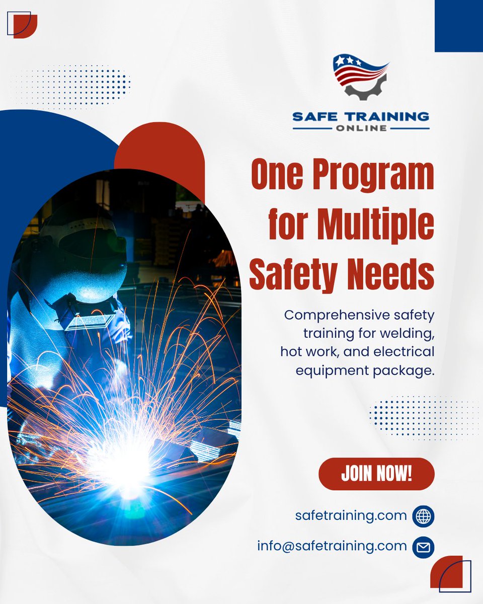 SAFETrainingOn1's tweet photo. Get one program for welding, hot work, and electrical safety needs with comprehensive training solutions.
 #SafetyTraining #WeldingSafety #HotWorkSafety #ElectricalSafety #WorkplaceSafety #ComprehensiveTraining #SafeTraining #OccupationalSafety https://t.co/MR3EosITLq