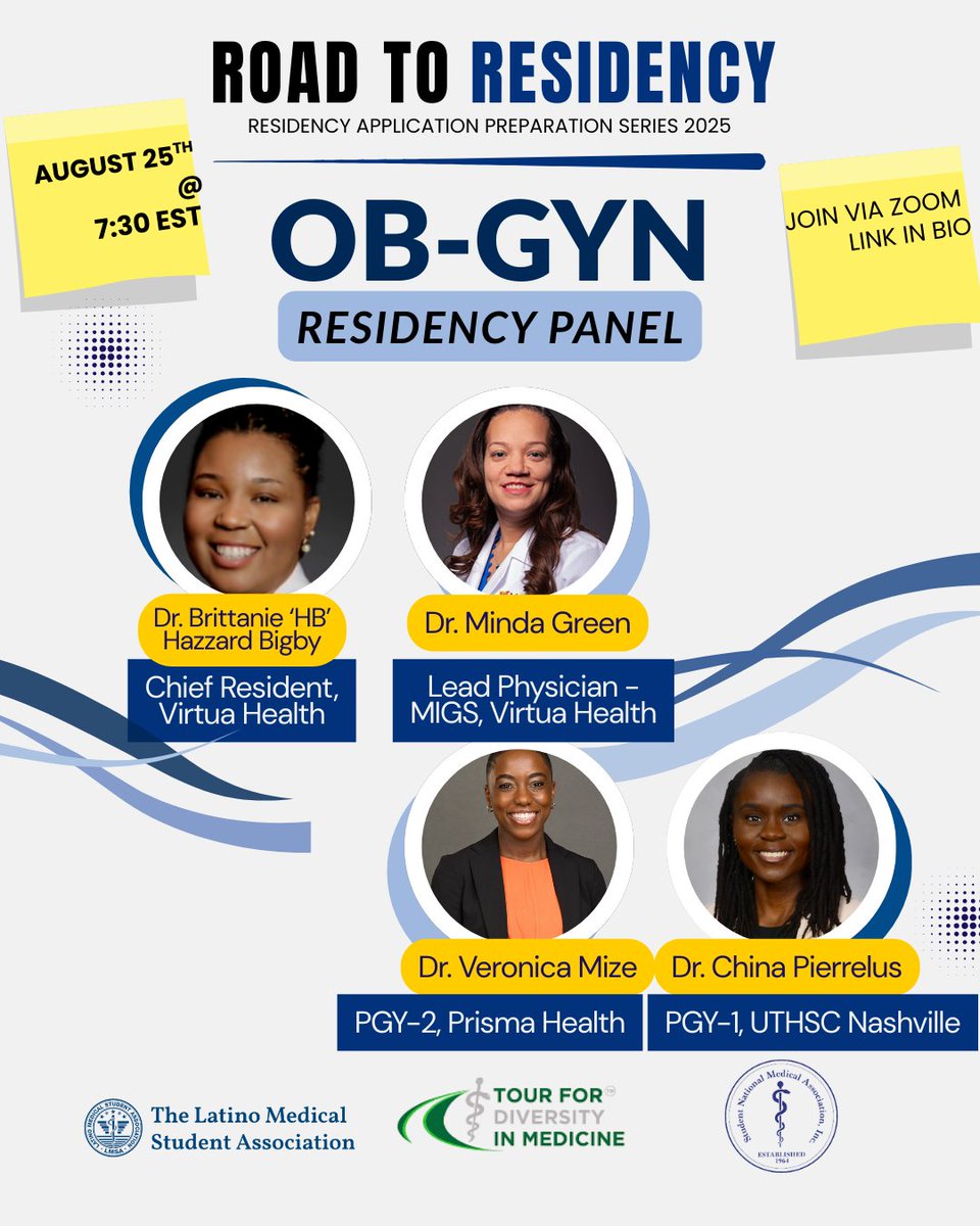 The Student National Medical Association (SNMA) (@snma) on Twitter photo Interested in OB-GYN? Want to hear DIRECTLY from those on the other side of the application? Well, we've got all of your needs answered in one panel. Join us on Monday, August 25th at 7:30pm EST via Zoom.  You'll thank us later.  
Link: ow.ly/2yht50WIzrq Interested in OB-GYN? Want to hear DIRECTLY from those on the other side of the application? Well, we've got all of your needs answered in one panel. Join us on Monday, August 25th at 7:30pm EST via Zoom.  You'll thank us later.  
Link: ow.ly/2yht50WIzrq