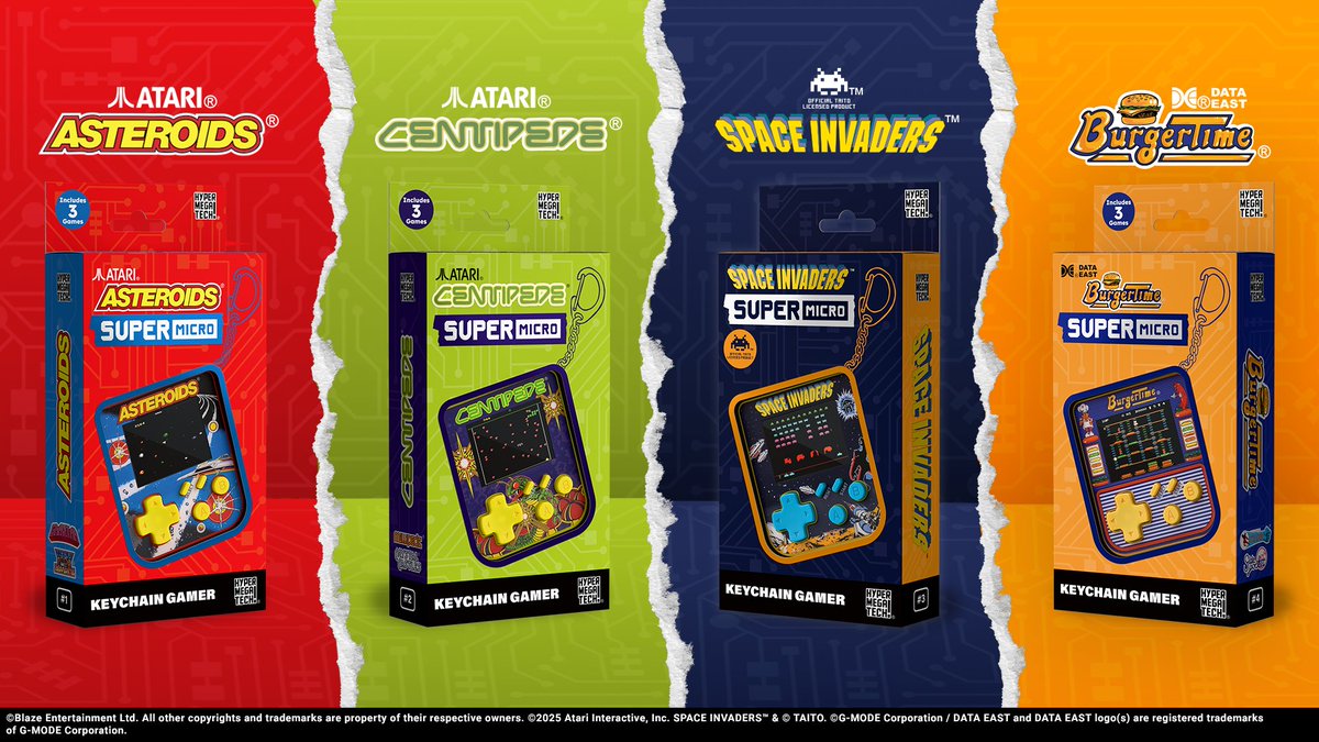 Introducing the newest products from HyperMegaTech!

The Super Micro Keychain Gamers are four great officially licensed keyrings, complete with classic games from Atari, Taito and Data East, coming Oct 2025.

Including Asteroids, Space Invaders, BurgerTime, Centipede and more!