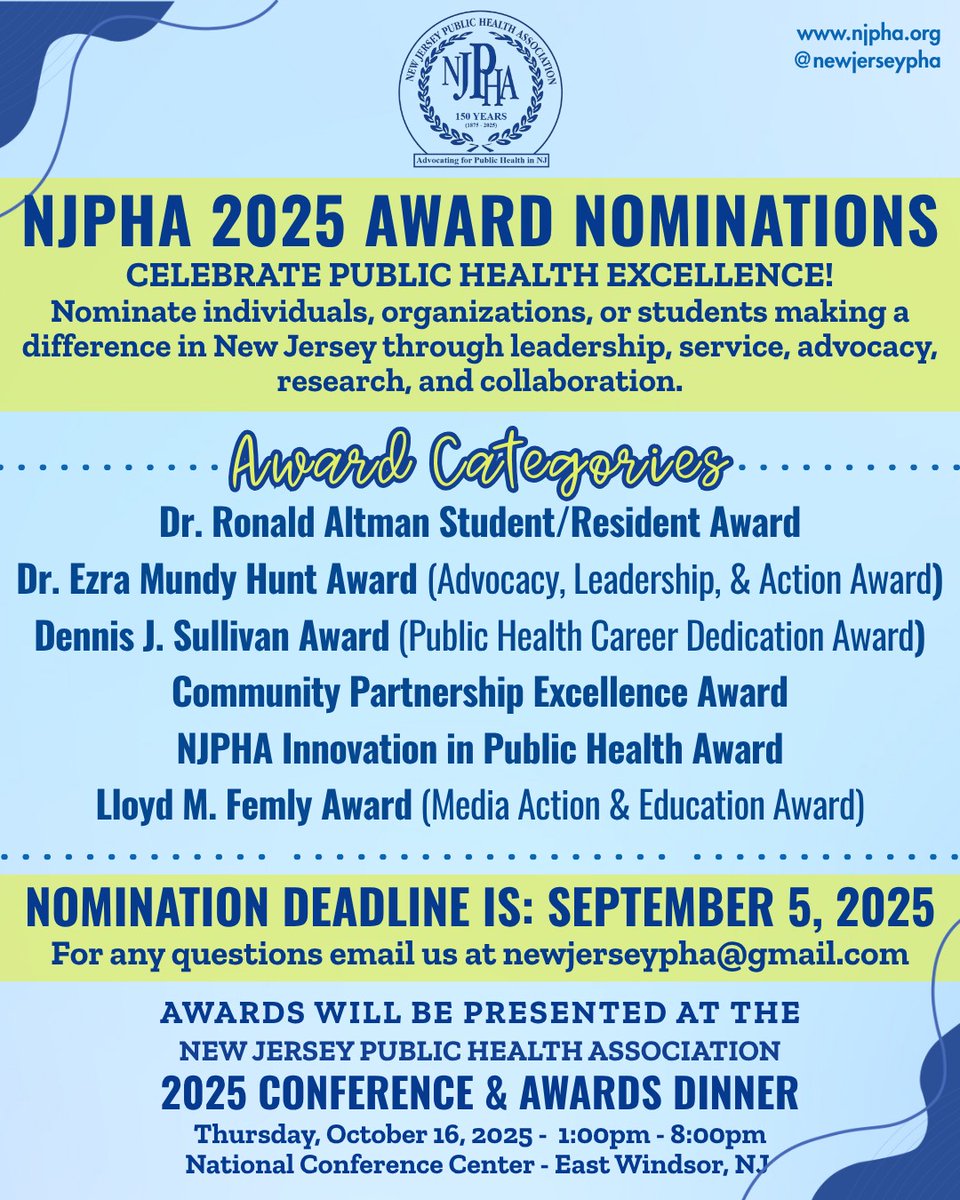 Nominations are OPEN for the 2025 NJPHA Awards. 
Celebrate New Jersey’s public health leaders in advocacy, innovation, partnerships, and more. 

Deadline: Sept 5, 2025
Winners Announced: Oct 16, 2025
Questions? Email: newjerseypha@gmail.com
Learn more: njpha.org