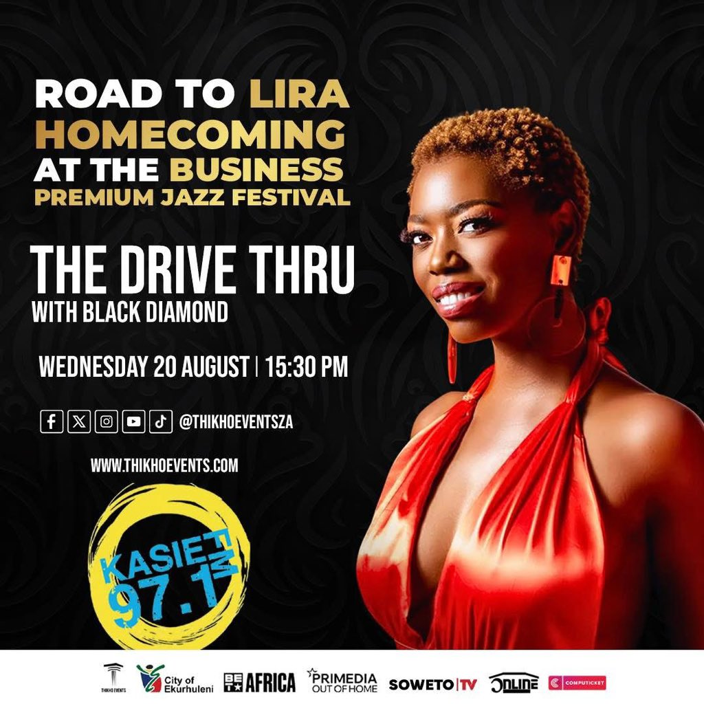 🚨 The Road to <a href="/Miss_LIRA/">First African Barbie Role Model🌺</a> HOMECOMING at the Business Premium Jazz Festival continues! 🚨

Catch LIRA this afternoon on Kasie FM 97.1 – on The Drive Thru with Black Diamond 🎶✨
🗓️ Wednesday, 20 August
🕞 15:30 PM

The Queen is back, and the countdown to her grand return is