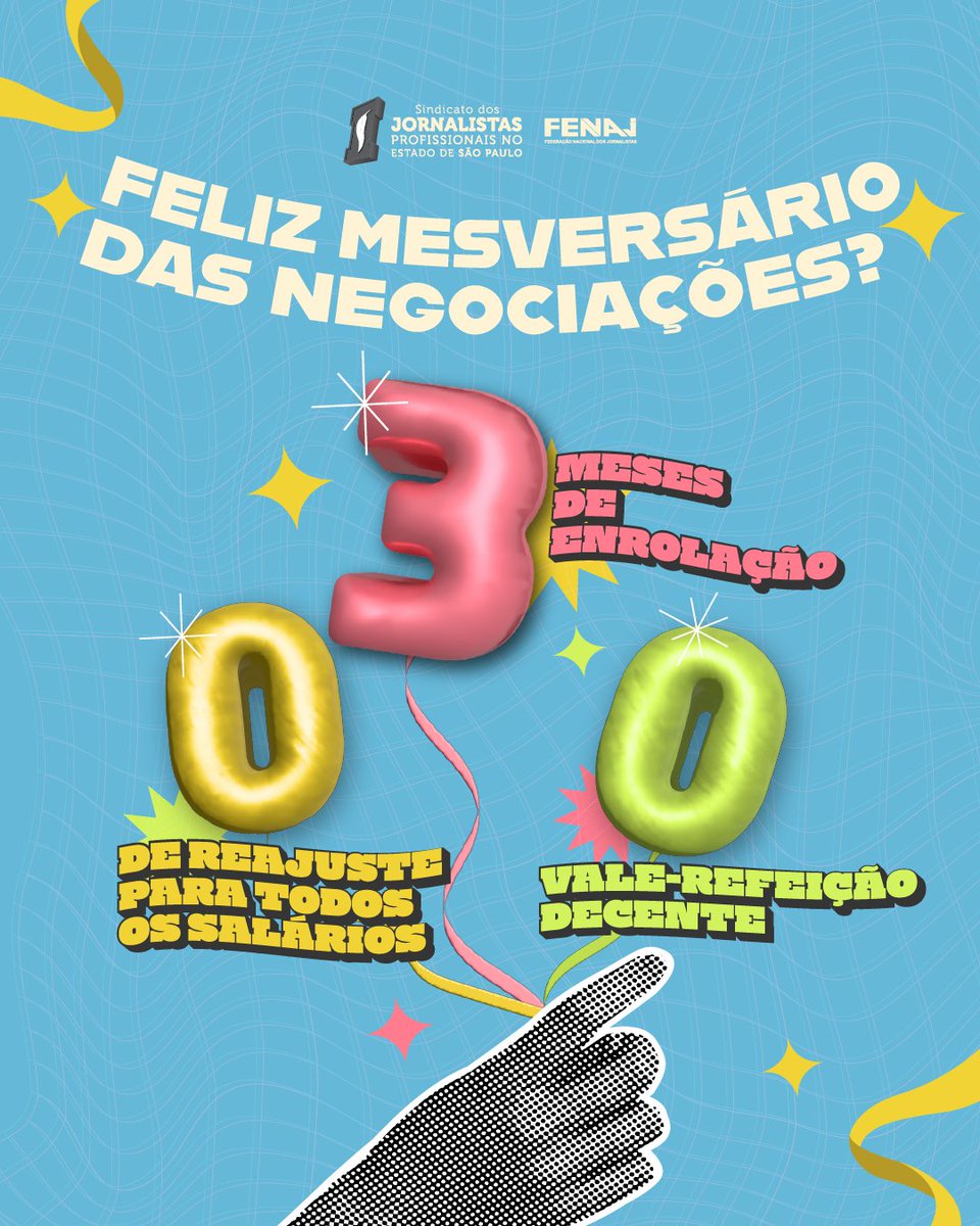 Campanha Salarial de Jornais e Revistas da Capital Feliz mesversário das negociações?

Já se passaram 3 meses desde o início das conversas e o que tivemos até agora?

#ValorizeQuemInforma
#JornalistasEmLuta
#ReajusteJá
#VRJustoJá
