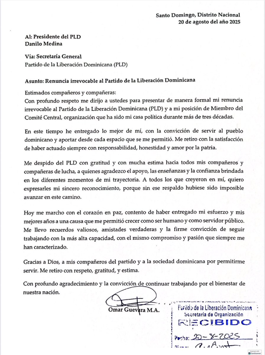 JaimeRinconRD's tweet photo. RENUNCIA PLD:

Omar Guevara, exfuncionario de los gobiernos de Danilo Medina y miembro del Comité Central, renuncia al PLD.

Afirma que se marcha en paz y agradecido.

¿Qué opinas? https://t.co/m8VICnc4fl