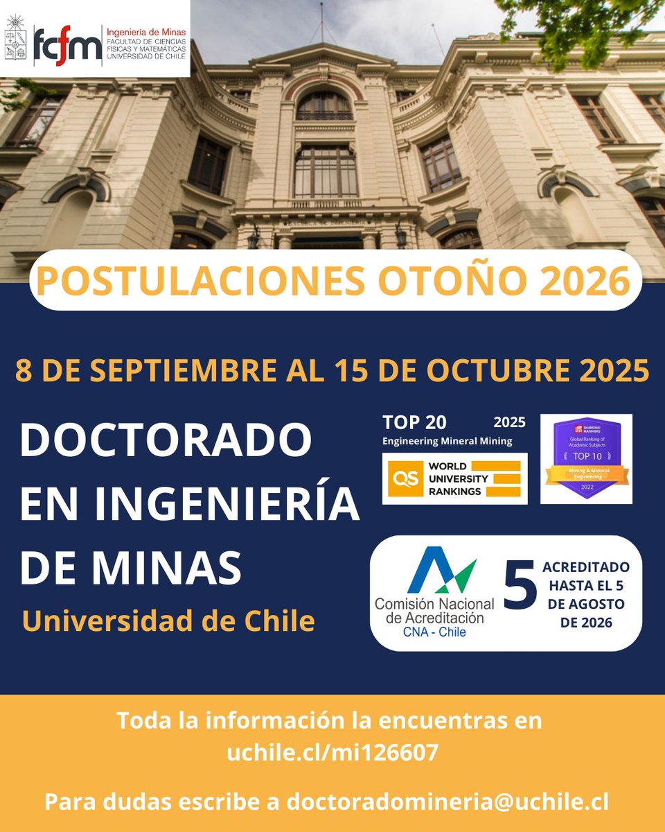 ¡Atención comunidad DIMin!

Postulaciones abiertas: del 8 de septiembre al 15 de octubre de 2025

Ingreso: Otoño 2026

Investiga, innova y transforma la industria minera desde la academia.

Más info. en uchile.cl/mi126607
