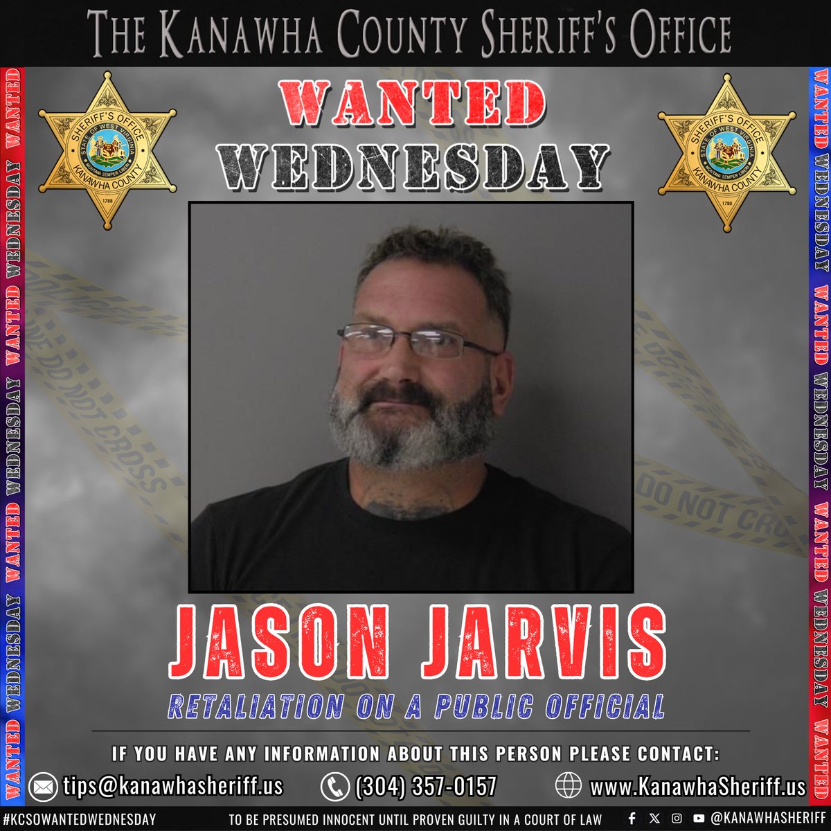 🚨 #KCSOWantedWednesday – Aug 20 🚨

KCSO is searching for Jason Jarvis, wanted for Retaliation Against a Public Official.

Know where he is? Call 304-357-0157 or submit a tip: kanawhasheriff.us

All suspects are presumed innocent until proven guilty.

#KCSOWantedWednesday