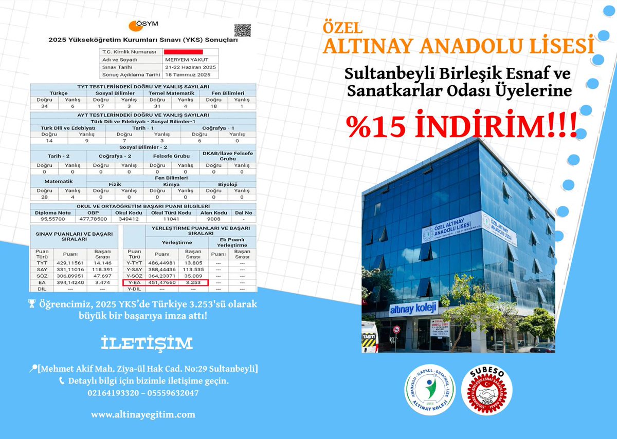 Özel Altınay Anadolu Lisesi ile Oda üyelerimize özel %15 oranındaki indirim anlaşmamız sağlanmıştır. 

Yeni dönem, Yeni bina, Aynı Güçlü Eğitim!

29 yıllık köklü geçmişiyle 30. yılına yepyeni bir binada giriyor.
Artık yeni yerinde sizlerle buluşmaya hazır!

<a href="/smmmturkaydemir/">Türkay Demir</a>