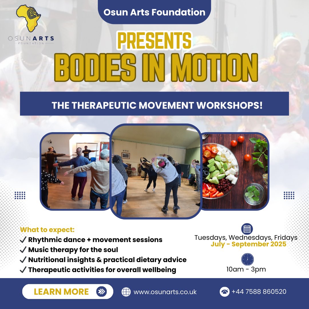 💃🏾 *Bodies in Motion – Therapeutic Movement Workshops* 🥁🌿
with *Osun Arts Foundation*

Healthy Exercise + Healthy Food = Healthy Lifestyle ✨

📅 *Every Tuesday, Wednesday &amp; Friday*
⏰ *10:00 AM – 3:00 PM*
📍 Location: Liverpool

Send a DM to participate today!

#Wellness! 🌸