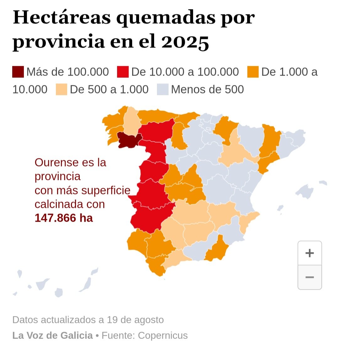 Infografía de <a href="/vozourense/">La Voz de Ourense</a> con datos de <a href="/Copernicus/">Lincoln</a> que da boa conta da grave situación que vive Ourense, a provincia con máis hectáreas arrasadas en 2025.

147.866 hectáreas das 727.300 totais e aínda quedan 4 meses e 11 días para rematar o ano. Un 20,33% do territorio e subindo.