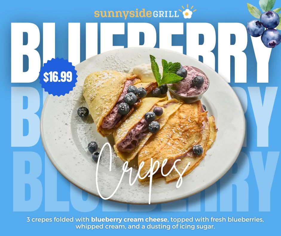 Blueberry lovers, this one’s for you!
 
Our Limited Time Blueberry Cream Cheese Crepes are here.
 
Three crepes folded with sweet blueberry cream cheese, topped with fresh berries, whipped cream &amp; a dusting of icing sugar ✨