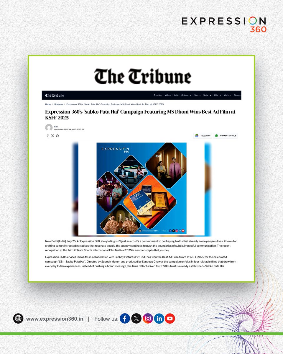 360Expression's tweet image. When creativity speaks, the media listens! ✨ Proud to share that our ad film ‘Sabko Pata Hai’ has won the KSFF 2025 Best Ad Film Award & is making headlines nationwide. Grateful for the love & trust!
#KSFF2025 #Expression360 #SabkoPataHai
@ANI @thetribunechd @ThePrintIndia
