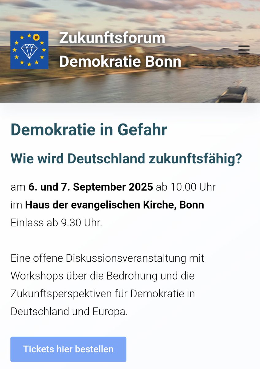 Wie wird Deutschland zukunftsfähig?

Eine offene Diskussionsveranstaltung mit Workshops über die Bedrohung und die Zukunftsperspektiven für Demokratie in Deutschland und Europa.

Ich freue mich sehr, gemeinsam mit vielen weiteren Experten und Expertinnen beim Zukunftsforum Bonn