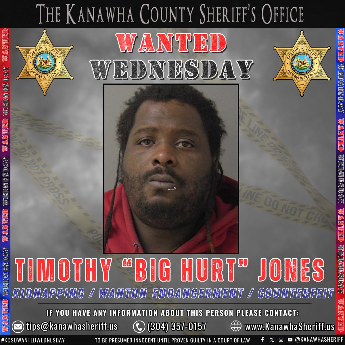 🚨 #KCSOWantedWednesday – Aug 20 🚨

KCSO is searching for Timothy “Big Hurt” Jones, wanted for Kidnapping, Wanton Endangerment &amp; Counterfeiting.

Have info? Call 304-357-0157 or leave a tip: kanawhasheriff.us

All suspects are presumed innocent until proven guilty.