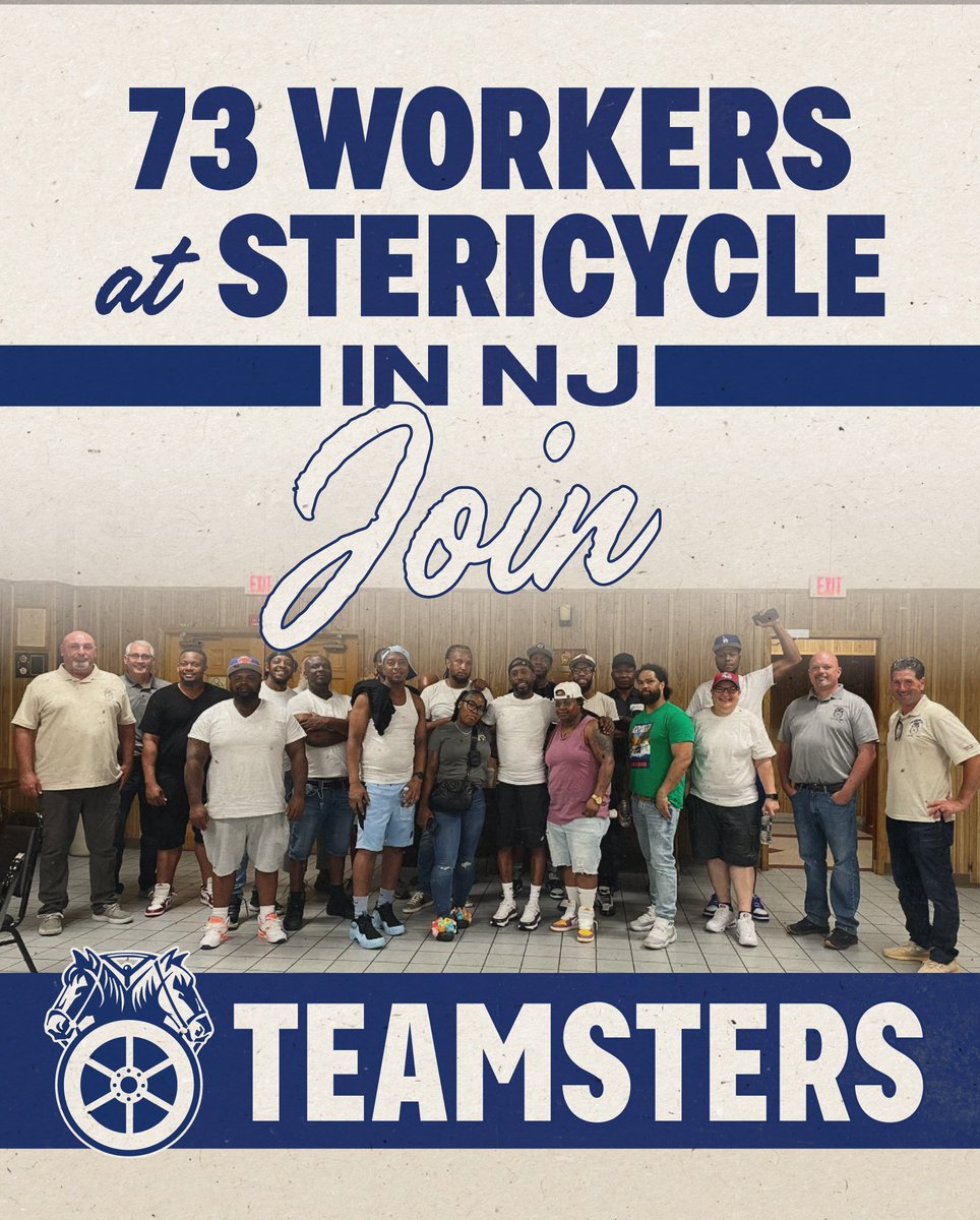 Teamsters's tweet photo. Stericycle workers in New Jersey have voted to join Teamsters Local 701. The 73 sanitation workers pick up and dispose of medical waste. Last year, Stericycle was acquired by Waste Management — the largest waste corporation in America — for $7.2 billion.

“Safety is the number one priority, especially in the medical waste disposal industry where you’re exposed to a lot of pathogens,” said Janet Roque, a Stericycle plant associate and proud new member of Local 701. “My job is dangerous, and my co-workers and I couldn’t wait for conditions to improve on their own. Having the Teamsters behind us will ensure a safe working environment and the fair treatment we deserve.”